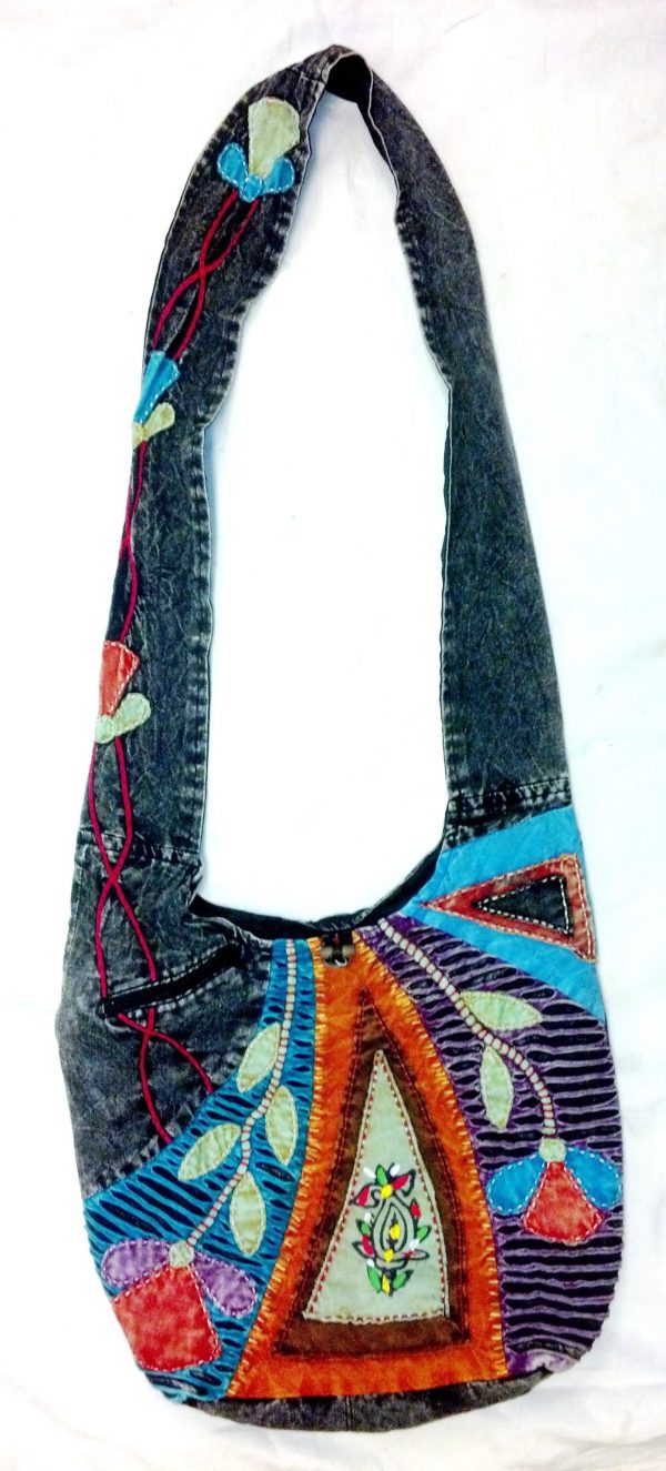 Bucket Bag Sadu Style Stonewashed Embroidered Flower Razor Cut Cotton
