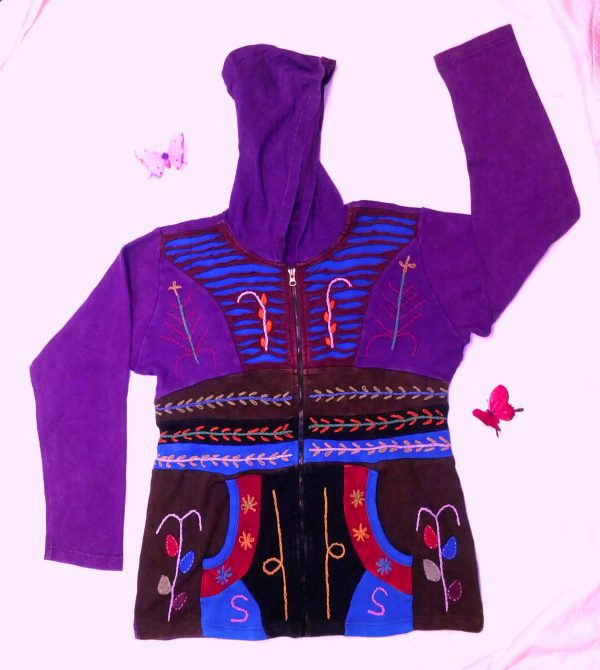 Razor Cut Embroidered Tibetan Style Hoodie Jacket + Zip 100% Rib Cotton-0