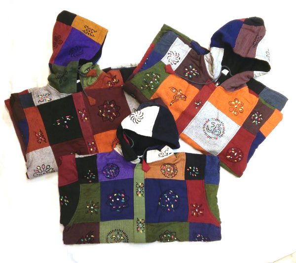 Cotton Patchwork Handprinted Design Hoodie Zipper Jacket Fleece Lined-4405