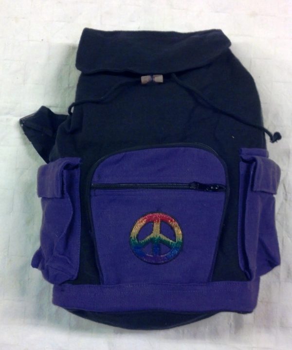 Rucksack Backpack With Three Pouches Adjustable Straps, Applique' & 100% Cotton
