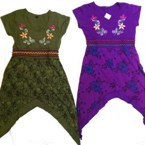 Cotton Knit V Hem Dress Green and back of Purple Showing