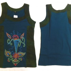 Blue & Green Cotton Panel Tank Top With Embroidery Front & Back View